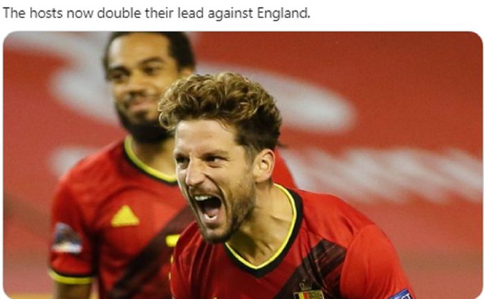 Pemain timnas Belgia, Dries Mertens, melakukan selebrasi usai mencetak gol ke gawang timnas Inggris dalam laga kelima Liga A Grup 2 UEFA Nations League 2020-2021, Minggu (15/11/2020) waktu setempat atau Senin pukul 02.45 WIB.