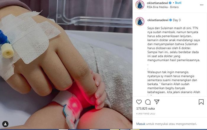 Oki Setiana Dewi mengabarkan kondisi bayi yang baru dilahirkannya.  