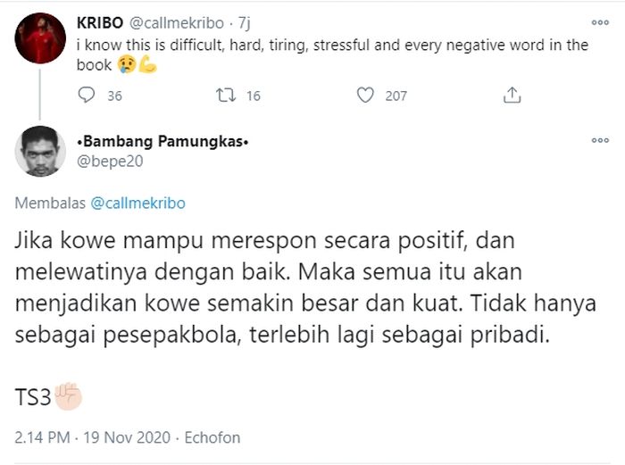 Ucapan semangat dari Bambang Pamungkas kepada Bagus Kahfi yang kesulitan pindah ke Eropa di Twitter (19/11/2020).