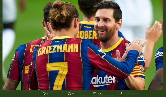 Lionel Messi dan Antoine Griezmann saat merayakan gol Barcelona.