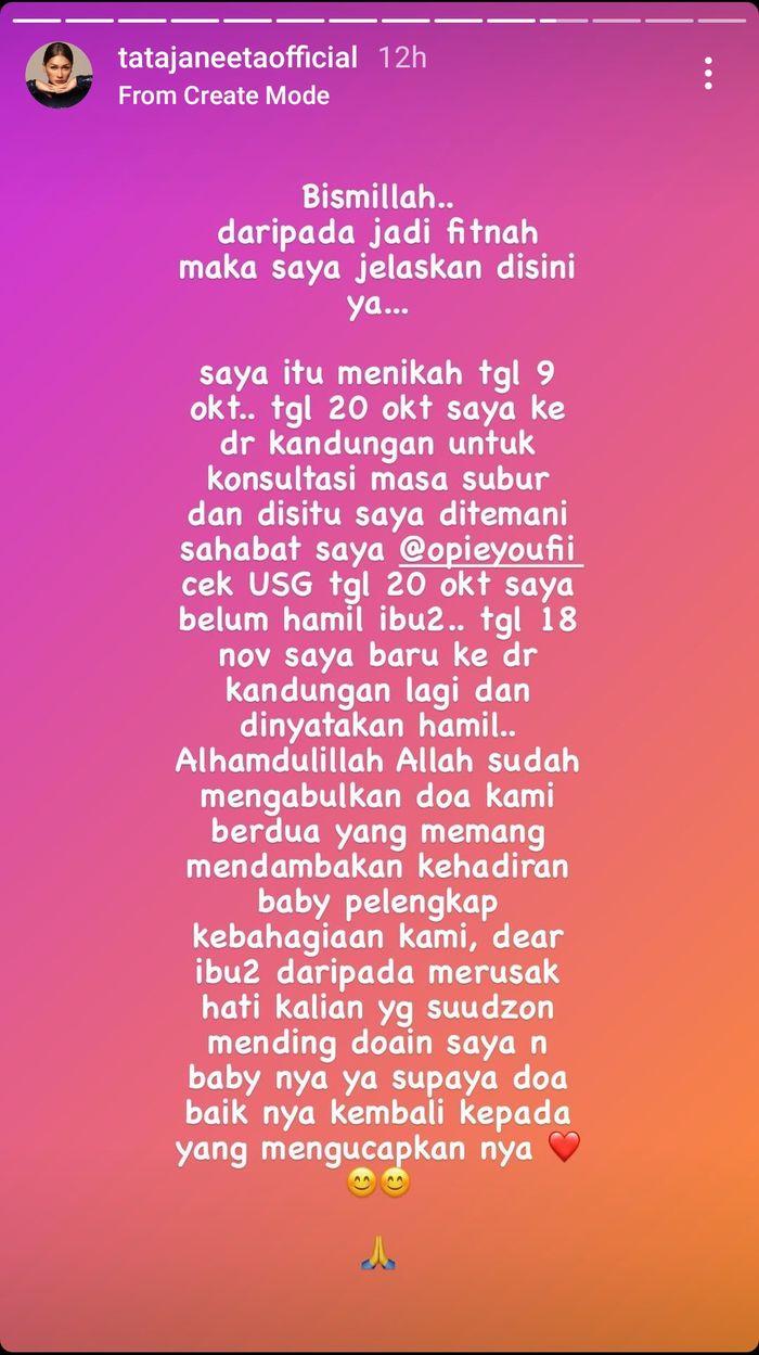 Klarifikasi Tata Janeeta soal jangka waktu kehamilan