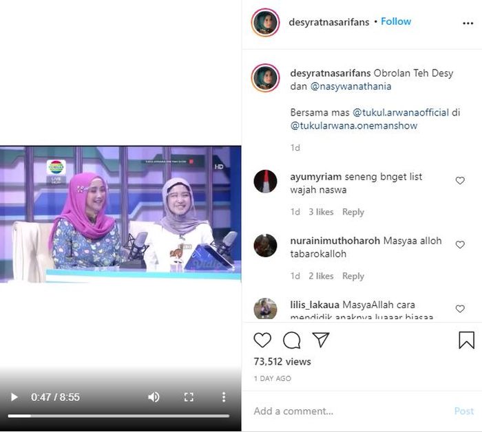 Desy Ratnasari dan sang anak saat hadiri program talk show salah satu stasiun televisi.