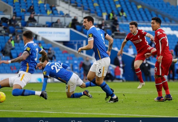 Diogo Jota mencetak satu gol ke gawang Brighton &amp; Hove Albion pada laga pekan ke-10 Liga Inggris 2020-2021.