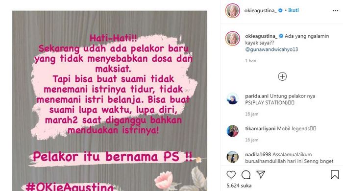 Mantan istri Pasha 'Ungu' Okie Agustina mengindikasikan adanya pelakor alias perebut laki orang di rumah tangganya dengan pesepakbola Gunawan Dwi Cahyo.