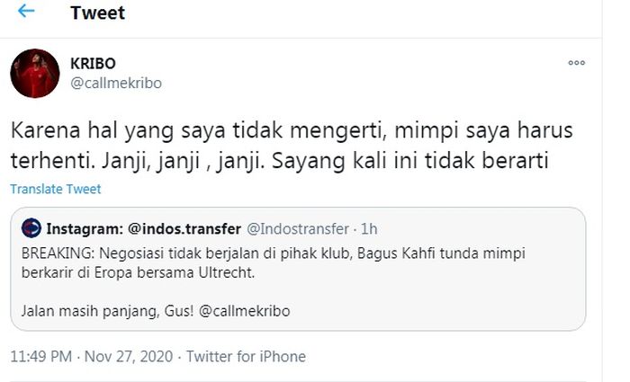 Tweet Bagu Kahfi setelah batal bergabung dengan FC Utrecht