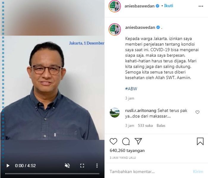 Setelah dinyatakan positif virus corona, Gubernur Anies Baswedan mengaku akan tetap melakukan tugasnya. 