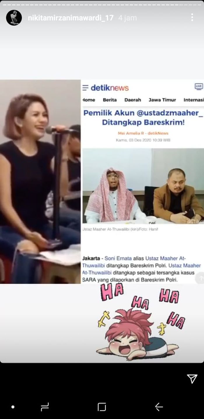 Nikita Mirzani tampaknya senang saat tahu musuhnya, Ustaz Maaher At-Thuwalibi alias Soni Eranata, ditangkap oleh pihak polisi.