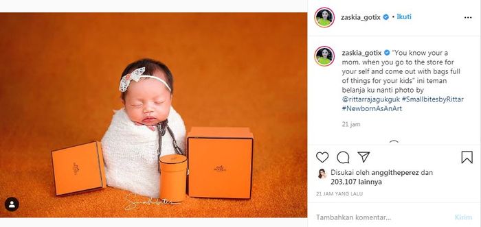 Zaskia Gotik mengunggah hasil pemotretan sang bayi, Arsila Bungalia Sirkiani di akun Instagram pribadinya @zaskia_gotix, Kamis (3/12/2020).