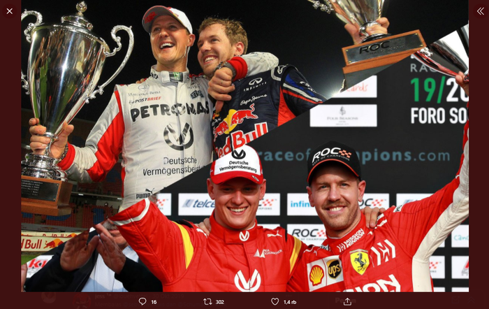 Kolase foto yang memperlihatkan Sebastian Vettel pernah menjalani karier di F1 bersama Michael Schumacher dan Mick Schumacher.