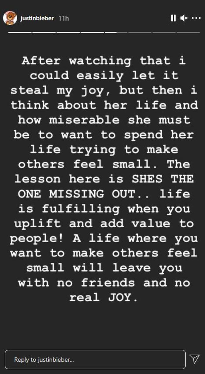 Tangkap layar Instastory Justin Bieber.