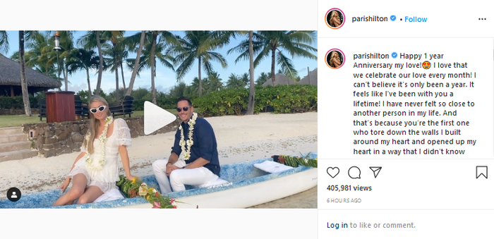 Unggahan Paris Hilton di anniversary pertamanya bersama Carter Reum.