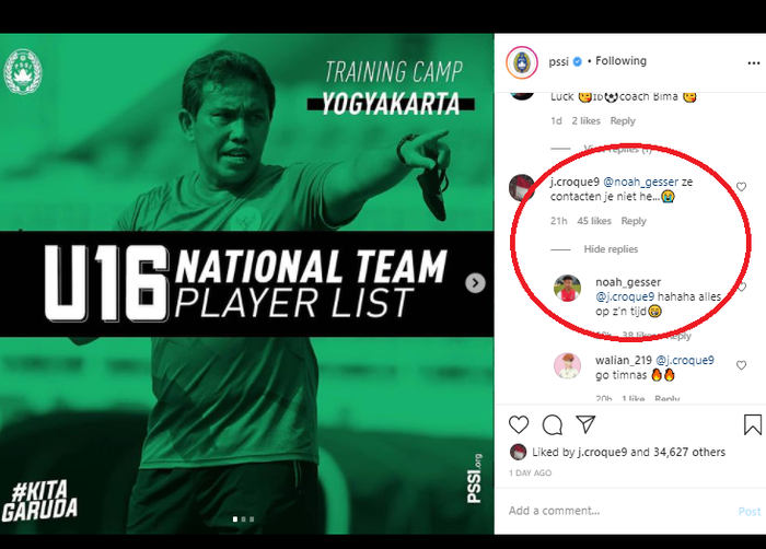 Komentar Noah Gesser pada unggahan PSSI terkait daftar pemain TC timnas U-16 Indonesia.