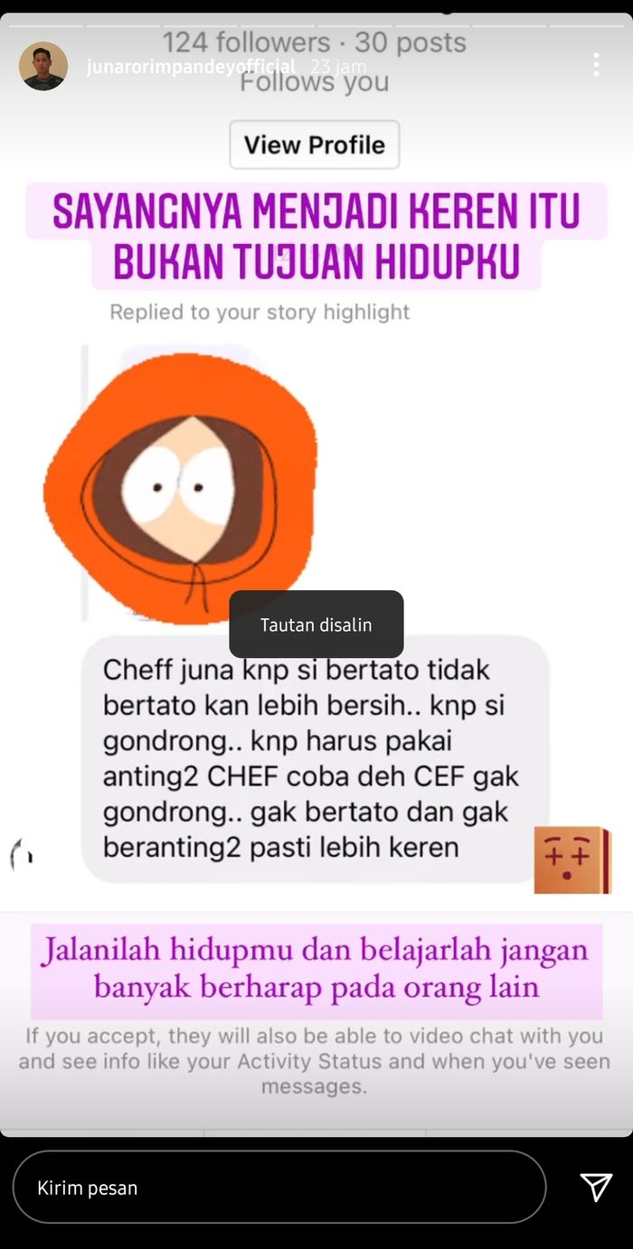 Chef Juna beri balasan menohok pada netizen yang mengkritik penampilannya.