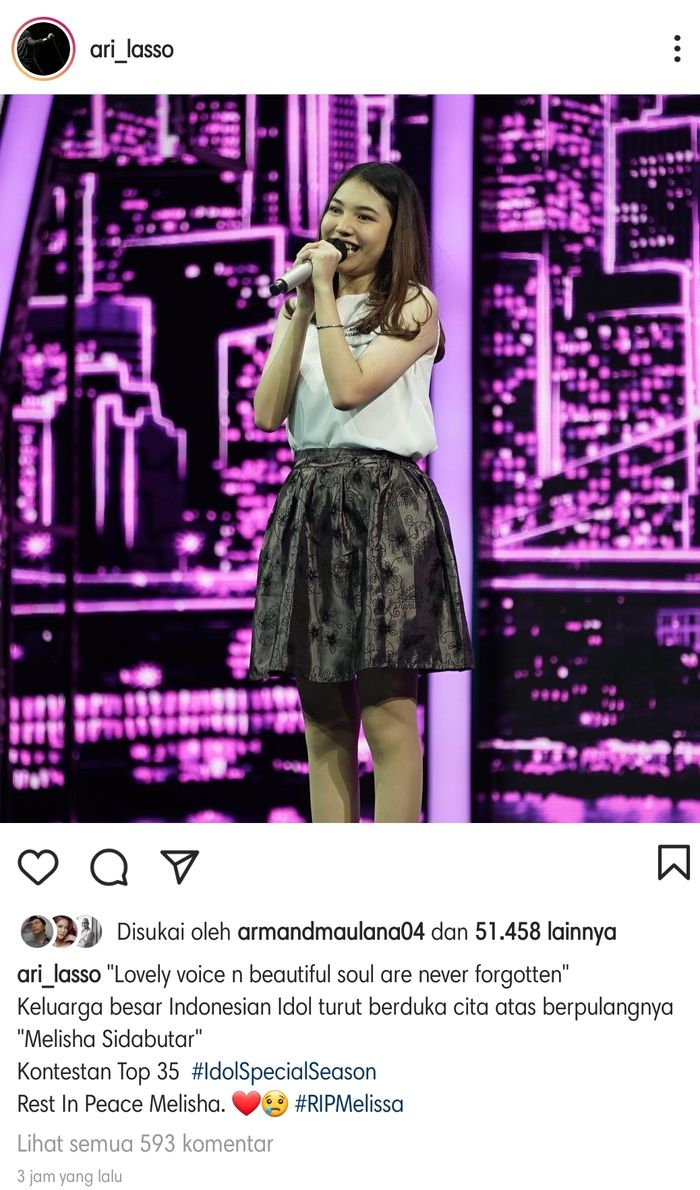 Unggahan Ari Lasso saat berikan kalimat perpisahan untuk Melisha Sidabutar 