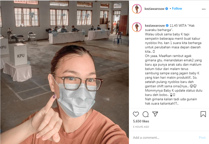 Kezia Warouw sempatkan diri gunakan hak suara dalam pilkada meski sibuk mengurus anak.