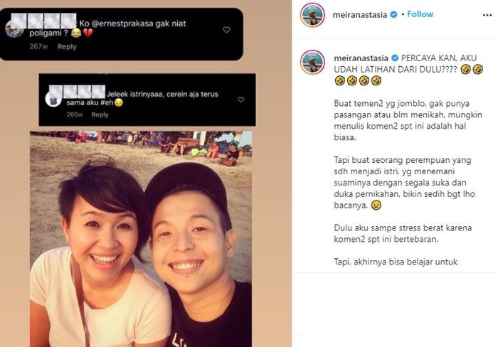 Istri Ernest Prakasa membalas komentar buruk netizen