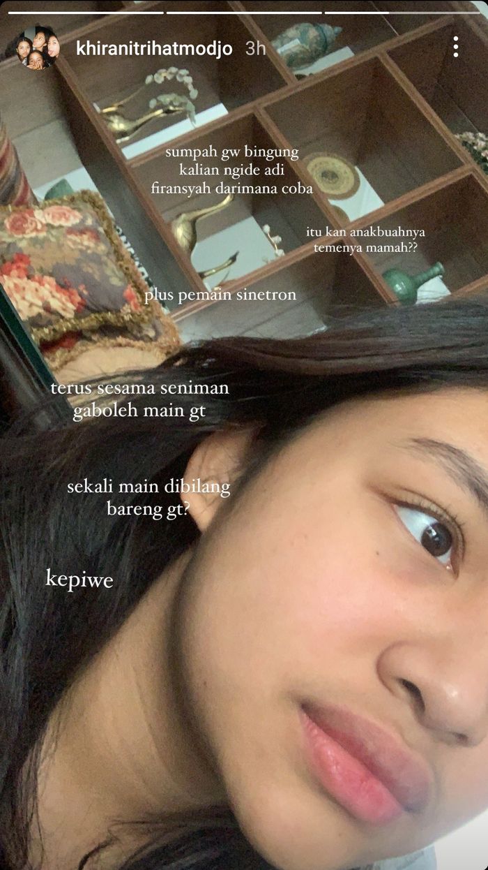 Putri penyanyi Mayangsari, Khirani Siti Hartina Trihatmodjo, tak terima namanya sering dikait-kaitkan sebagai anak dari artis Adi Firansyah.