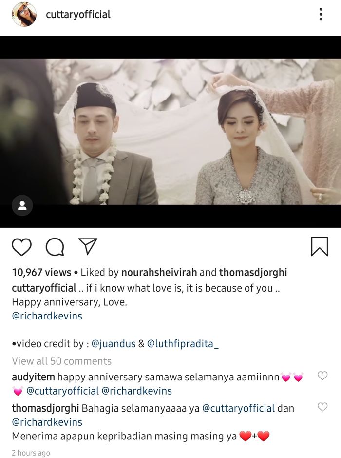 Memperingati anniversary pernikahan yang pertama, Cut Tari membagikan cuplikan video momen pernikahannya dengan Richard Kevin.