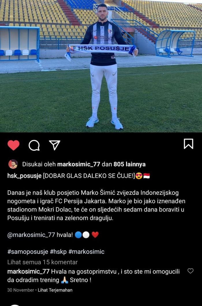 Klub divisi dua Liga Bosnia-Herzegovina, HSK Posusje, mengumumkan kalau Marko Simic akan berlatih tujuh hari di klubnya, 30 November 2020.