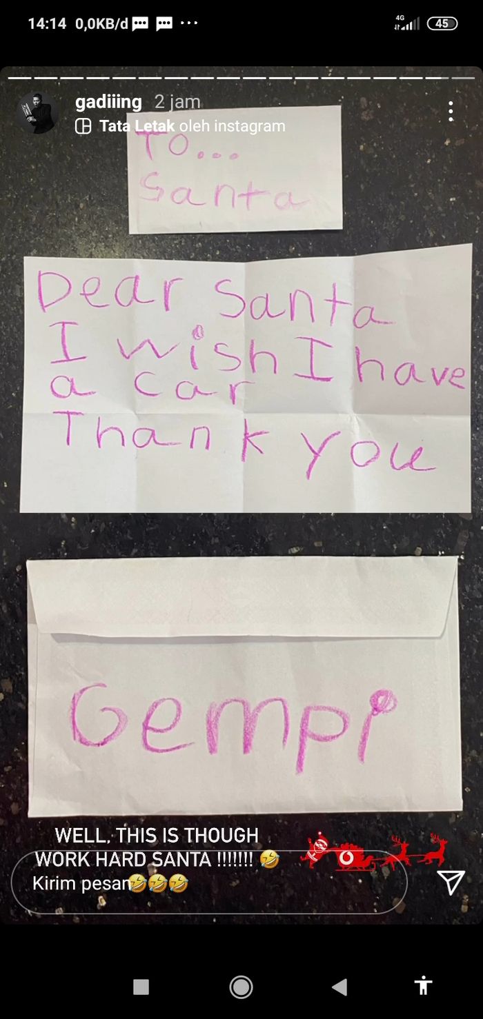 Gading Marten membagikan potret sebuah surat yang dituliskan sang putri, Gempita Nora Marten alias Gempi kepada Santa Claus.
