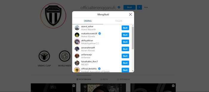 Akun Instagram resmi Terengganu FC terpantu mem-follow Makan Konate