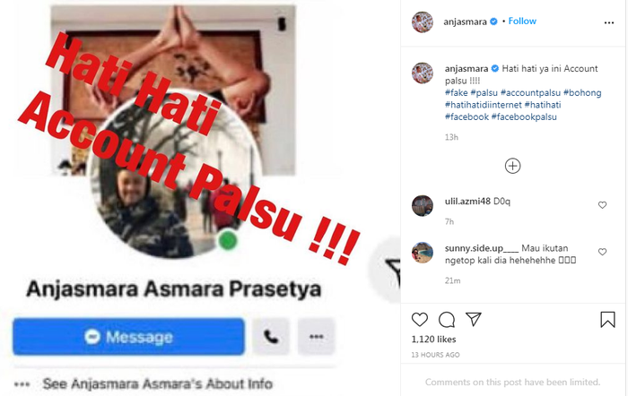 Anjasmara ingatkan netizen untuk berhati-hati terhadap akun palsu yang mengatasnamakan dirinya.