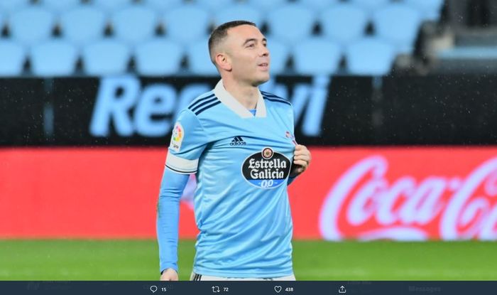 Penyerang Celta Vigo, Iago Aspas, merayakan gol yang dicetak ke gawang Cadiz pada pekan ketiga belas Liga Spanyol 2020-2021, Senin (14/12/2020).