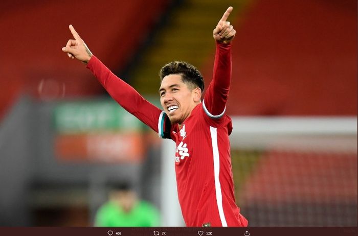 Selebrasi striker Liverpool, Roberto Firmino, seusai menjebol gawang Tottenham Hotspur dalam pertandingan Liga Inggris, Rabu (16/12/2020).