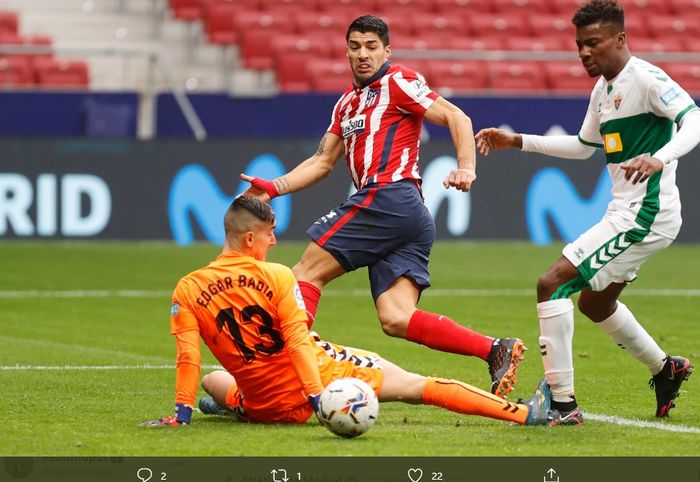 Pemain Atletico Madrid, Luis Suarez, mencetak gol ke gawang Elche dalam laga pekan-14 Liga Spanyol 2020-2021 di Stadion Wanda Metropolitano, pada Sabtu (19/12/2020) pukul 20.00 WIB. 