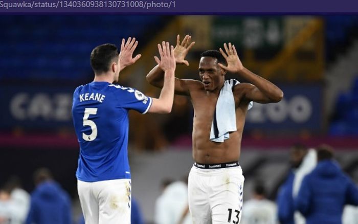 Pemain Everton, Yerry Mina (kanan), mencetak gol ke gawang Arsenal dalam laga pekan ke-14 Liga Inggris 2020-2021, Minggu (20/12/2020) pukul 00.30 WIB.