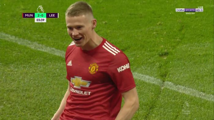 Ekspresi gelandang Manchester United, Scott McTominay usai mencetak gol ke gawang Leeds United, dalam dalam laga pekan ke-14 Liga Inggris, di Old Trafford, Minggu (20/12/2020). 