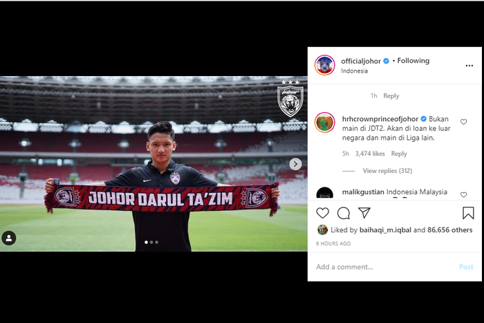 Komentar Tunku Ismail terhadap unggahan transfer Syahrian Abimanyu di Instagram Johor Darul Takzim.