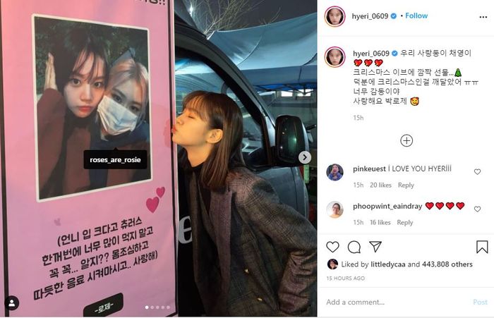 Hyeri saat mengunggah foto bersama snack truck yang diberikan Rose ke lokasi syutingnya