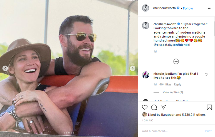 Unggahan Chris Hemsworth untuk merayakan ulang tahun pernikahan yang ke-10 dengan Elsa Pataky