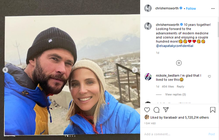 Unggahan Chris Hemsworth untuk merayakan ulang tahun pernikahan yang ke-10 dengan Elsa Pataky