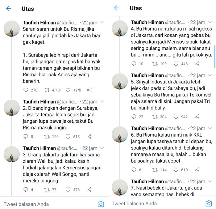 Pesan netizen Twitter untuk Bu Risma
