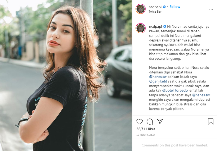 Unggahan Nora Alexandra yang mengaku stres dan depresi sejak Jerinx SID ditahan.