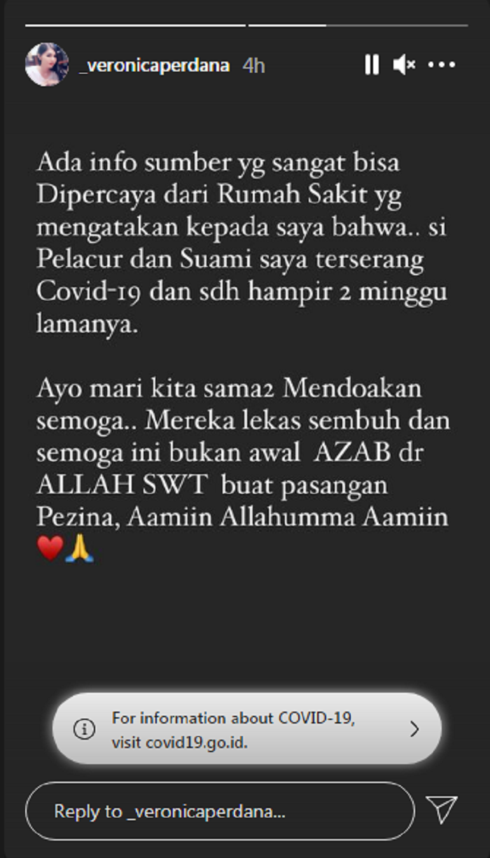 Veronica menyebut Lucky Perdana dan istri barunya terserang covid-19.