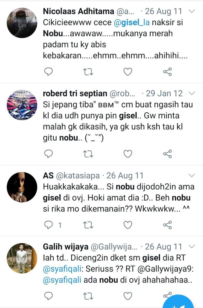 Rejam jejak dari orang-orang yang menjodohkan keduanya masih jelas terlihat di Twitter dengan kata kunci 'Gisel Nobu'.