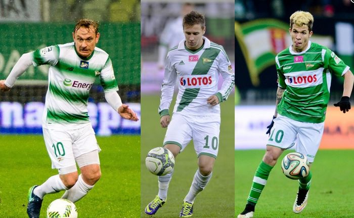 Tiga eks pemain Lechia Gdansk yang pernah memakai no 10, (dari kiri ke kanan) Sebastian Mila, Przemysław Frankowski, dan Bruno Nazario.