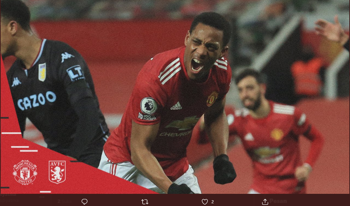 Striker Manchester United, Anthony Martial, merayakan gol yang dicetak ke gawang Aston Villa dalam laga Liga Inggris di Stadion Old Trafford, Jumat (1/1/2020).