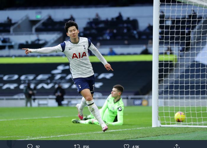 Son Heung-min, mencetak gol ke-100 buat Tottenham Hotspur saat mengalahkan Leeds United di Liga Inggris, Sabtu (2/2/2021) di Tottenham Hotspur Stadium.