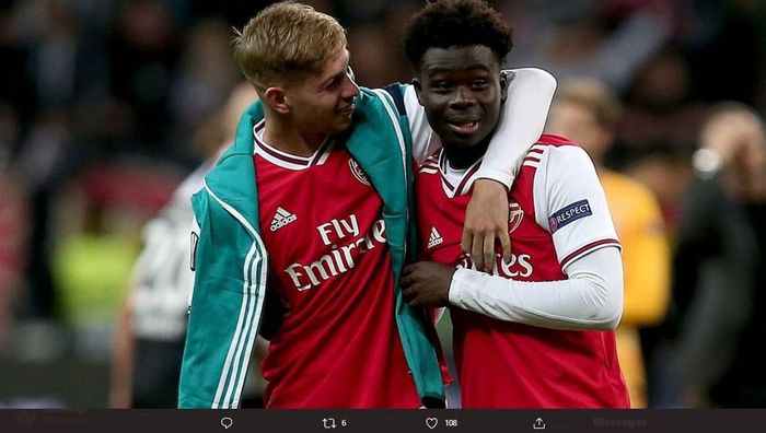 Emile Smith Rowe (kiri) dan Bukayo Saka (kanan), dua remaja yang menjadi tokoh utama kebangkitan Arsenal di Liga Inggris 2020-2021.