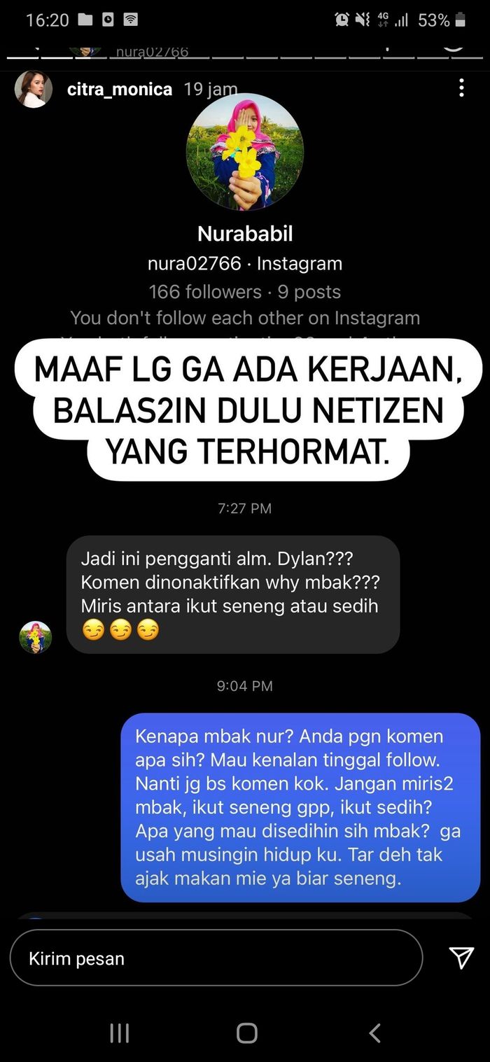 Citra membalas nyinyiran netizen dan mengunggahnya di Instagram story.