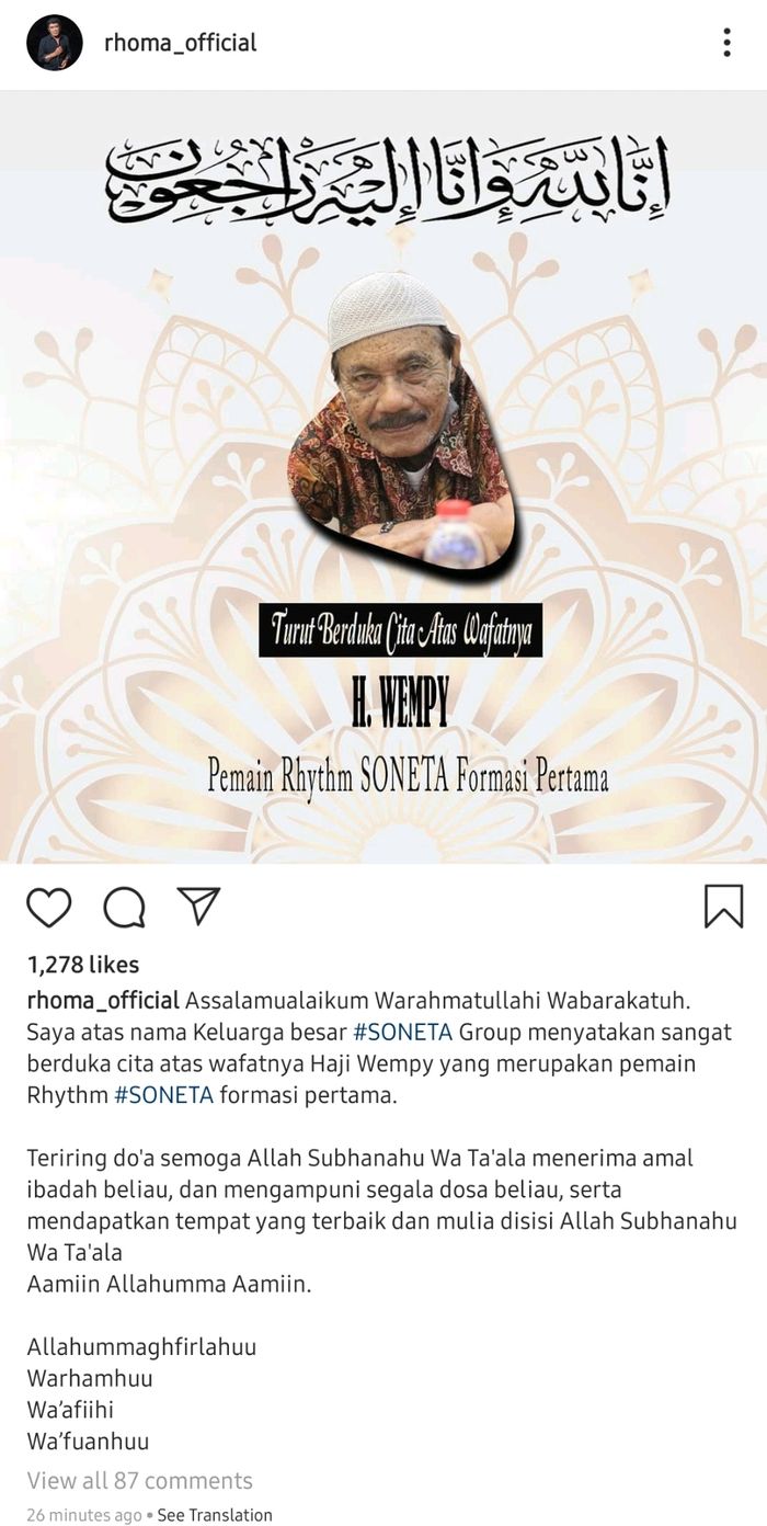 Kabar duka meninggalnya Haji Wempy dibagikan Rhoma Irama melalui unggahan di Instagram, Minggu (3/1/2021) siang.