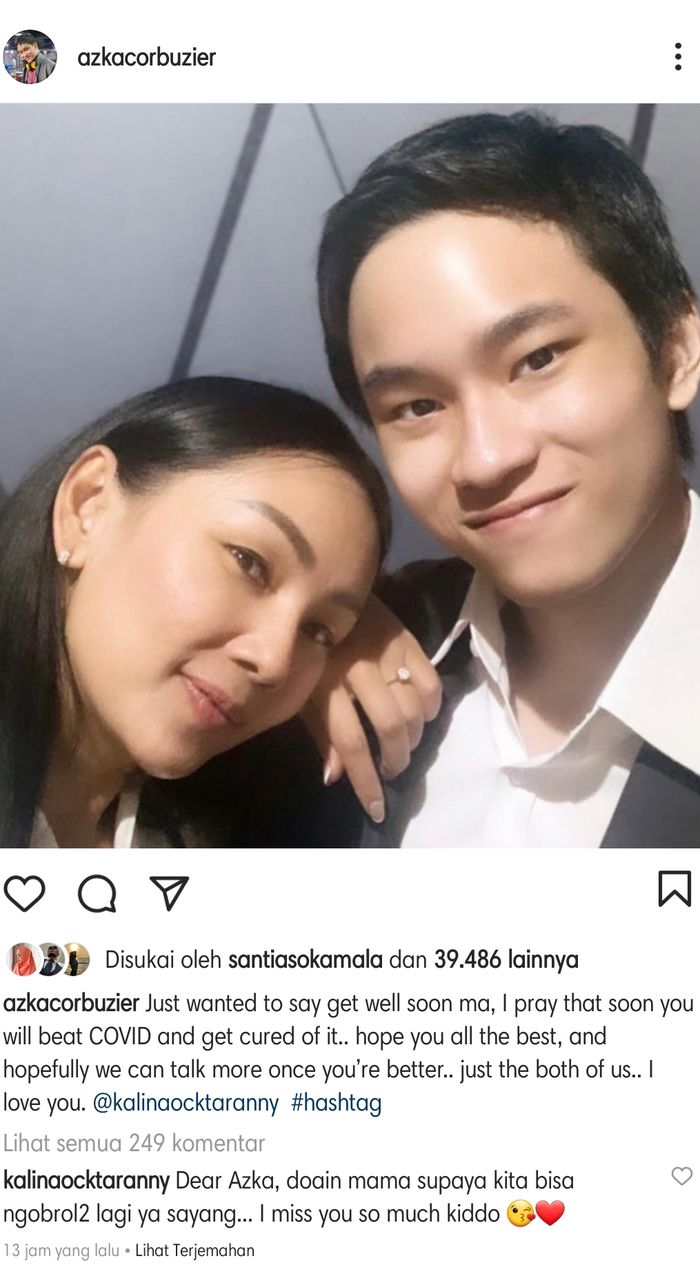Kabar Kalina Ocktaranny positif covid-19 dibagikan oleh sang putra, Azka Corbuzier, melalui unggahan di Instagram.