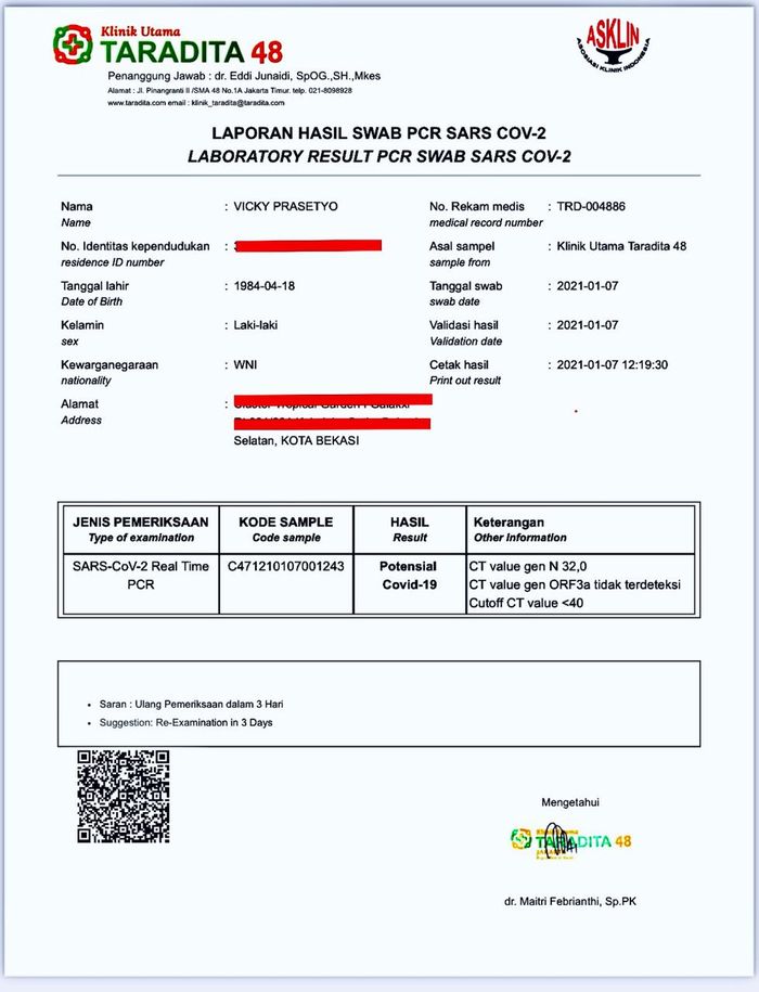 Hasil awal Swab PCR Vicky Prasetyo.