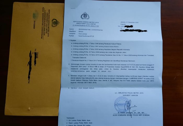 Surat E-TLE salah alamat diterima 