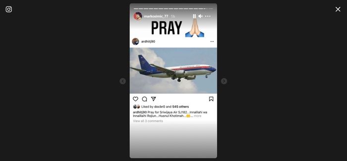 Unggahan duka cita Marko Simic usai pesawat Sriwijaya Air SJ182 hilang kontak pada Sabtu (9/1/2021).