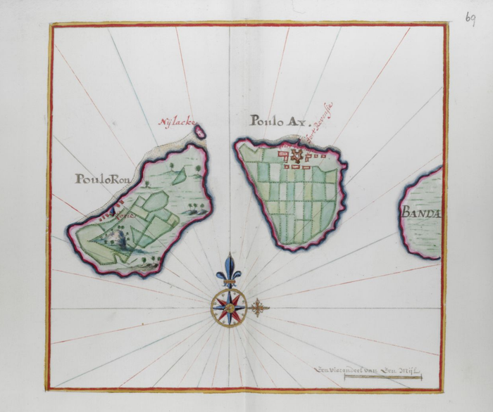 Peta Poulo Ron, Poulo Ay, Banda yang dibuat sekitar 1660. Peta ini menunjukkan bagan navigasi di dalam area piagam VOC. British Library membeli atlas dari perpustakaan kolektor Haarlem Van der Willigen pada 1875. Atlas terdiri atas 49 bagan dan pemandangan yang digambar tangan, semuanya dalam warna. 